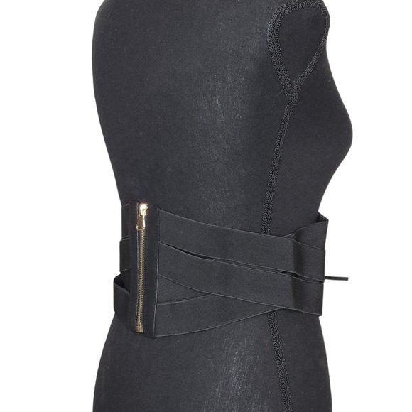 Black Wide Corset Wide Waist Corset Cinch Belt Leather Gold Metal Zipper - Picture 7 of 8